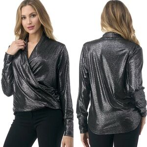 Ariella black and silver metallic surplice stretch high low v-neck holiday top